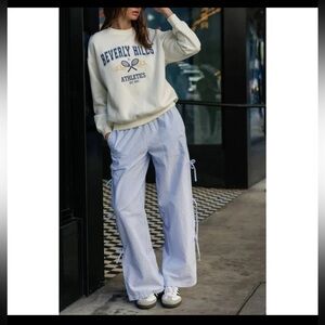 Cali 1850 Striped Side Tie Pull-On Cotton Pants - Light Blue Size Small